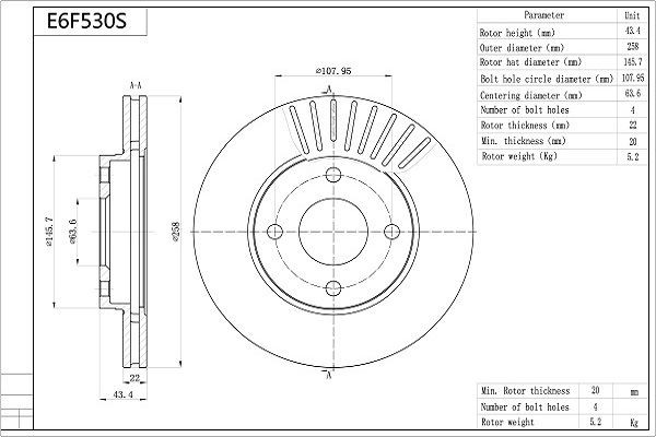 AISIN E6F530S: Piduriketas Premium ADVICS by AISIN Ø: 258mm, õhutusega, Ø: 258mm, kaetud