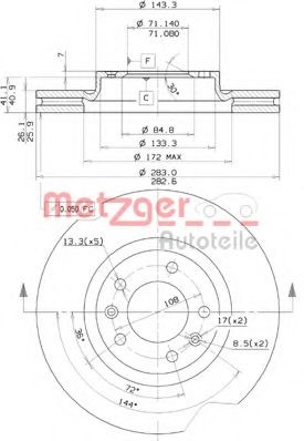 METZGER 27602: Bremseskive Ø: 283mm, indvendigt ventileret, med sikringsskruesæt, CST216