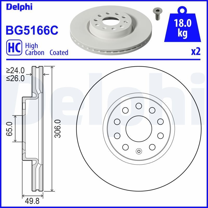 DELPHI BG5166C: Piduriketas Ø: 306mm, õhutusega, Ø: 306mm, kaetud