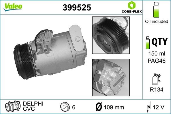 VALEO 399525: Kompresor klimatizácie VALEO CORE-FLEX s PAG - kompresorovym olejom