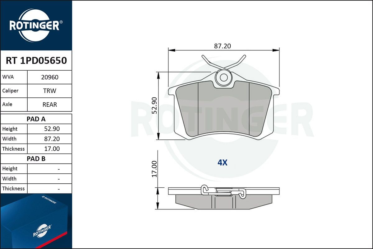 ROTINGER RT 1PD05650: Комплект спирачно феродо, дискови спирачки без противоскърцаща планка