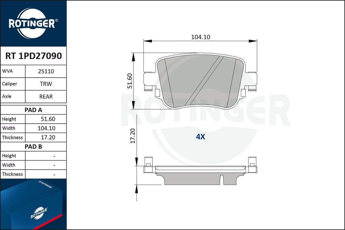 ROTINGER RT 1PD27090: Piduriklotsid koos kokkusurumisvastase plekiga