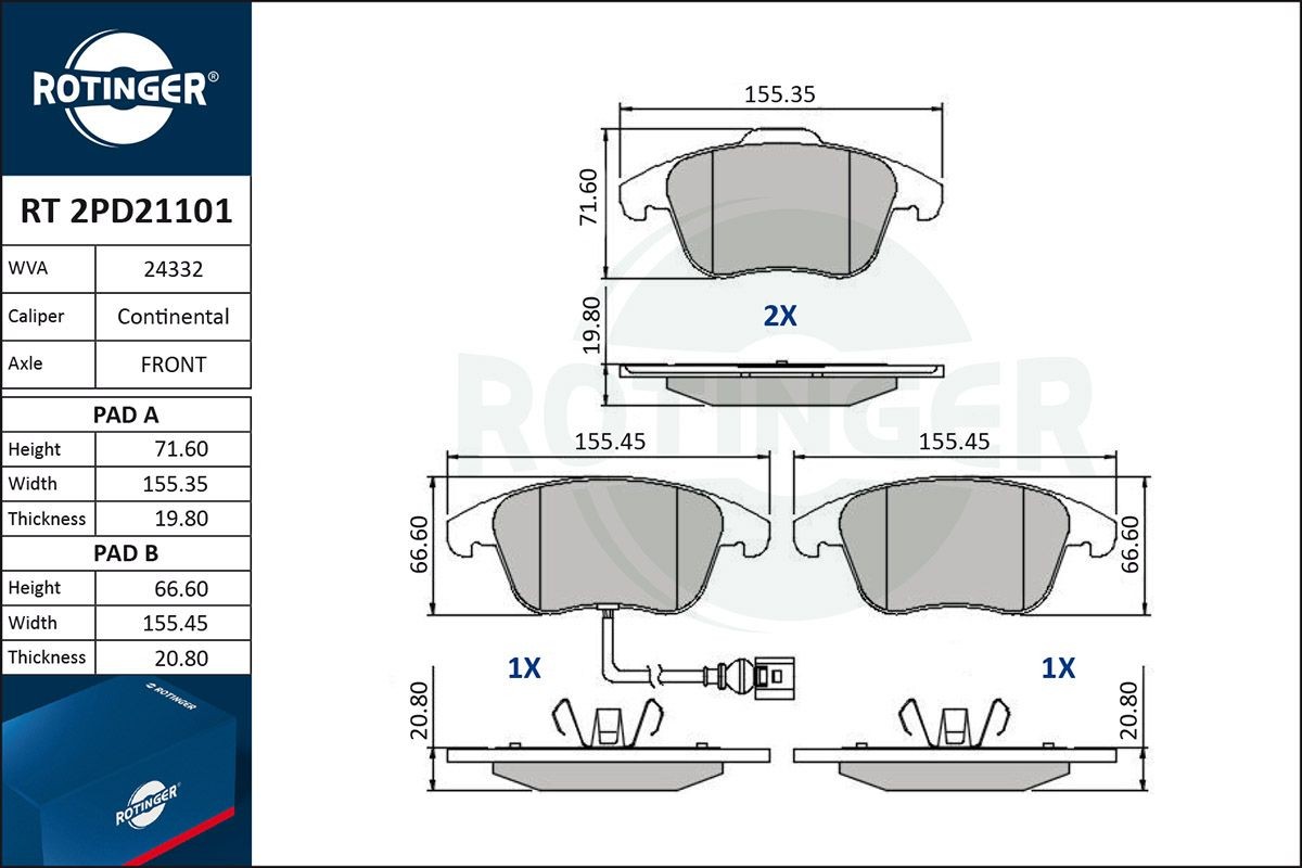 ROTINGER RT 2PD21101: Piduriklotsid koos kokkusurumisvastase plekiga