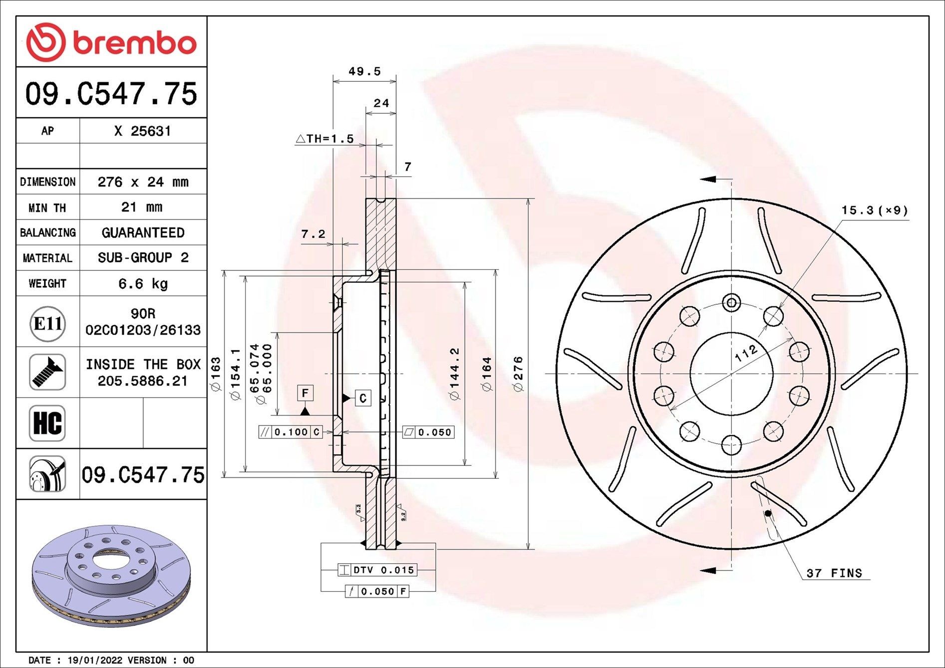 BREMBO 09.C547.75: Piduriketas XTRA LINE - Max Ø: 276mm, sisemine õhutus, piludega, Ø: 276mm, kaetud, koos kruvidega