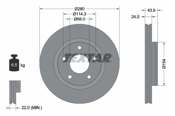 TEXTAR 92232205: Disco de freno PRO+ Ø: 280mm, ventilación interna, Ø: 280mm, revestido, sin buje de rueda, sin cojinete rueda, sin perno de sujeción de rueda