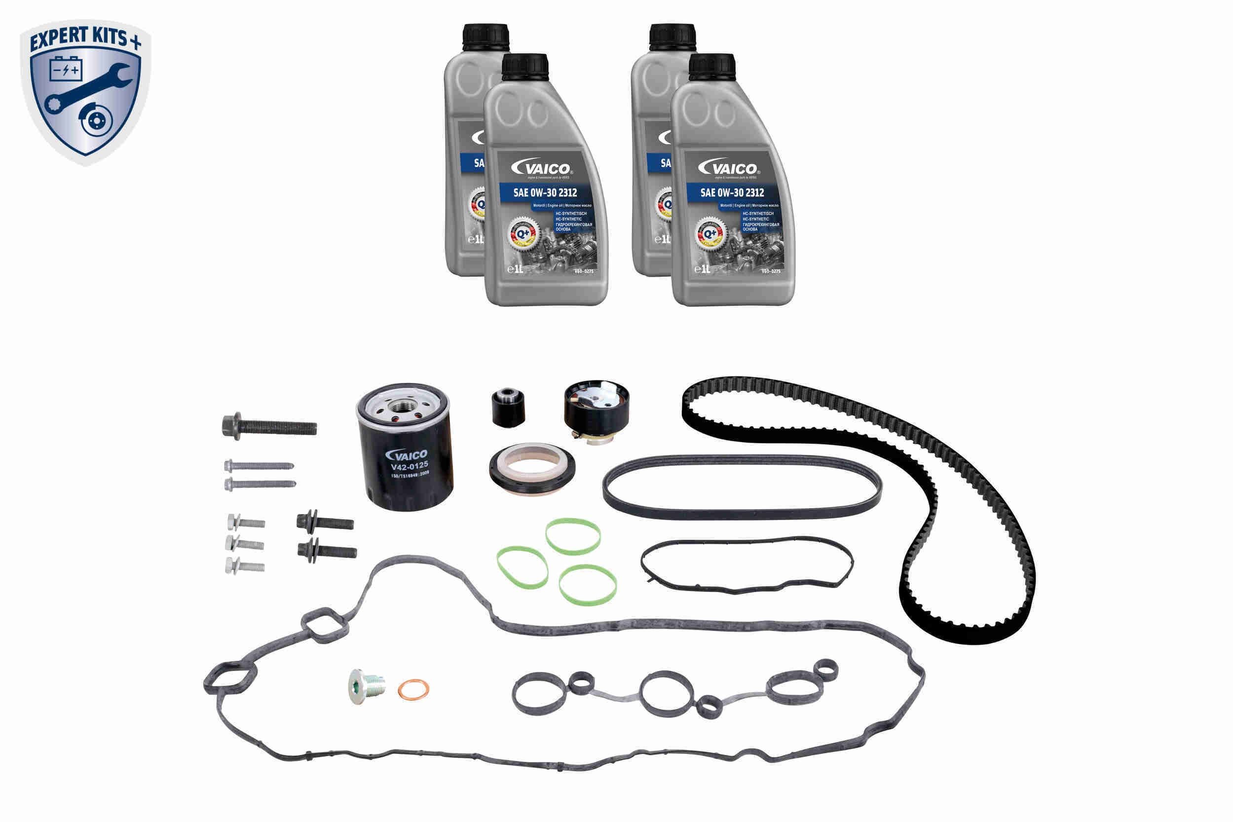 VAICO V22-0887: Paskirstymo diržo komplektas EXPERT KITS + su alkūninio veleno sandarikliu, su tarpikliais / sandarikliais, su alkūninio veleno skriemulio varžtais, su ratukų rinkiniu, su svirties dangtelio tarpikliu, su alyva, su alyvos filtru, su alyvos išleidimo kaiščiu, su varžtų komplektu, su įsiurbimo kolektoriaus tarpikliu (-iais), su valdiklio korpuso tarpikliu