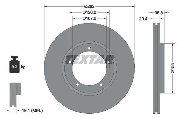 TEXTAR 92006105: Disco de freno PRO+ Ø: 282mm, ventilación interna, Ø: 282mm, revestido, sin buje de rueda, sin cojinete rueda, sin perno de sujeción de rueda