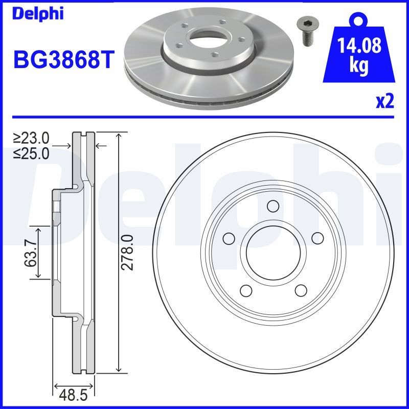 DELPHI BG3868T: Piduriketas Ø: 278mm, õhutusega, Ø: 278mm, õlitatud