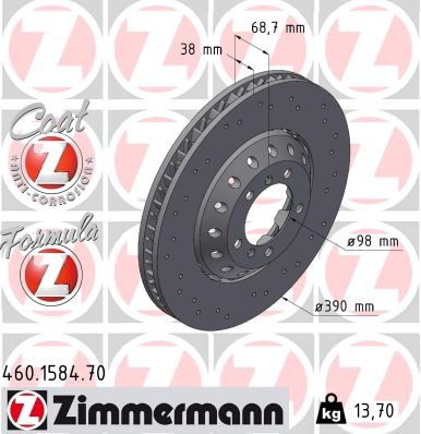 ZIMMERMANN 460.1584.70: Piduriketas FORMULA Z Ø: 390mm, õhutusega, perforeeritud, kaheosaline piduriketas, ujuv piduriketas, Alumiiniumist pidurikettakamber, Ø: 390mm, kaetud