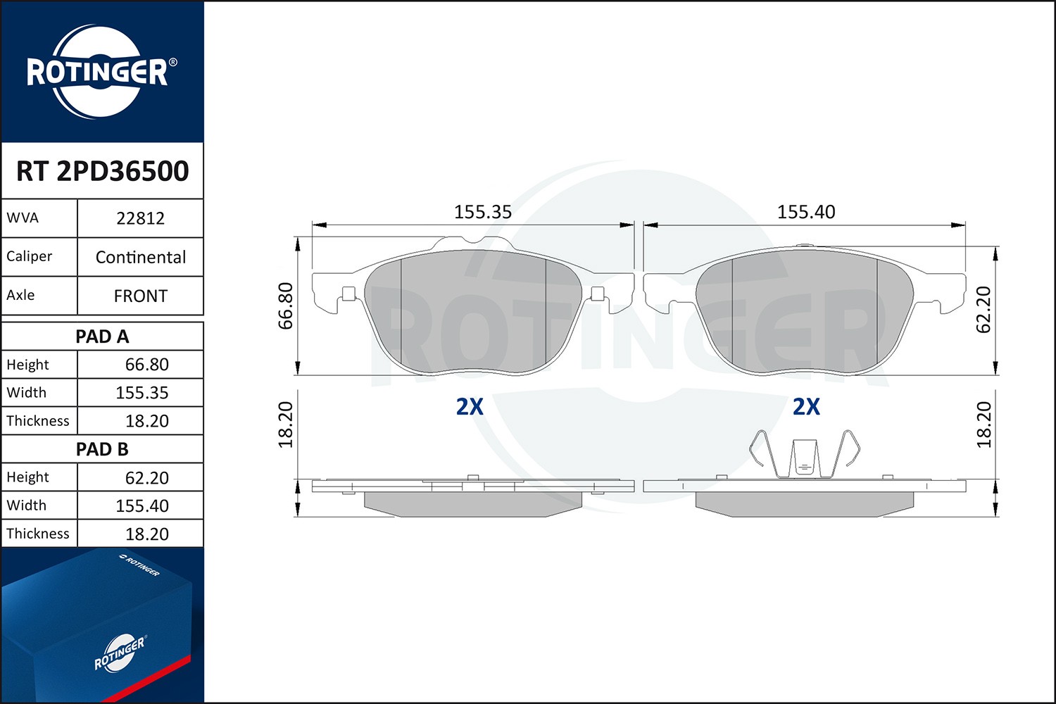 ROTINGER RT 2PD36500 Bremsbeläge mit Anti-Quietsch-Blech