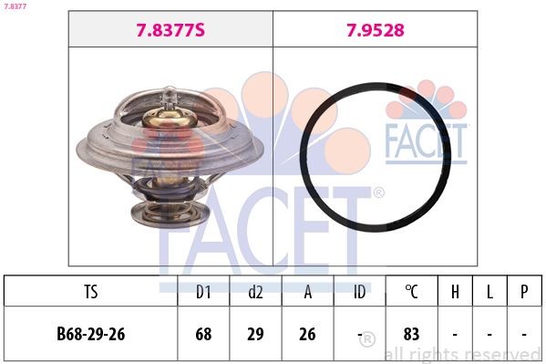 FACET 7.8377: Termostat, chladivo 83°C, 68mm, 29mm, s těsněním, Made in Italy - OE Equivalent