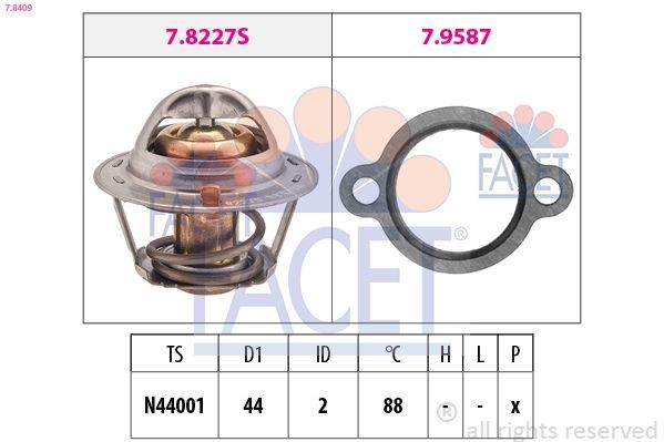 FACET 7.8409: Kühlwasserthermostat 88°C, 44mm, mit Dichtung, Made in Italy - OE Equivalent