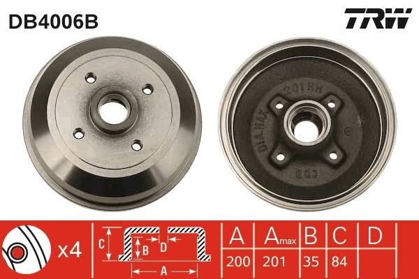 TRW DB4006B: Ταμπούρο 200mm, 228mm, με ενσωματωμένο ρουλεμάν τροχού, χωρίς δακτύλιο αισθητήρα του ABS