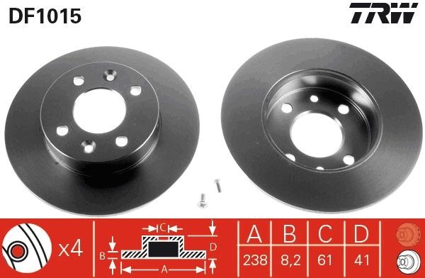 TRW DF1015: Disco de freno Ø: 238mm, macizo, Ø: 238mm, barnizado, con tornillos
