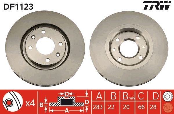 TRW DF1123: Δισκόπλακα Ø: 283mm, αεριζόμενο, Ø: 283mm, βαμμένο
