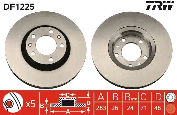 TRW DF1225: Bremseskive Ø: 283mm, ventileret, Ø: 283mm, lakeret, med skruer