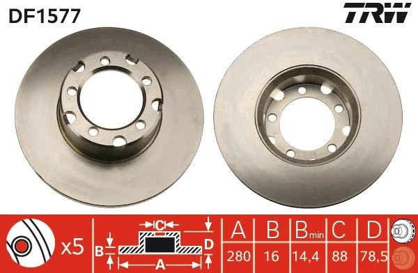 TRW DF1577: Piduriketas Ø: 280mm, täis, Ø: 280mm, värvitud