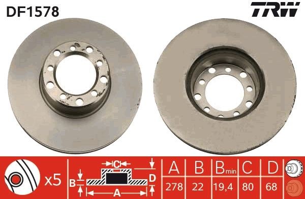 TRW DF1578: Piduriketas Ø: 278mm, õhutusega, Ø: 278mm, värvitud