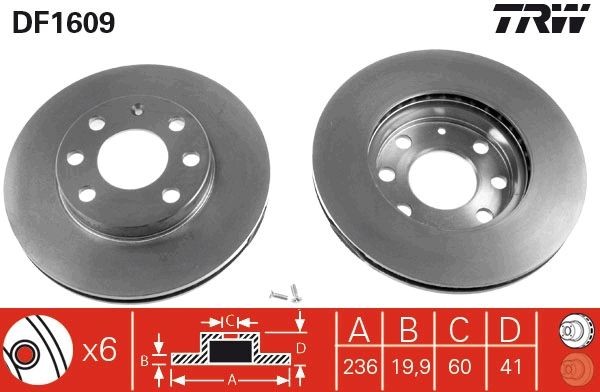 TRW DF1609: Disc de frână Ř: 236mm, ventilat, Ř: 236mm, lacuit
