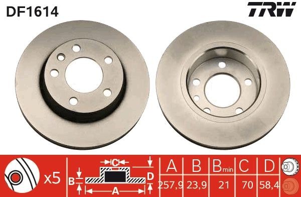 TRW DF1614: Piduriketas Ø: 258mm, õhutusega, Ø: 258mm, värvitud