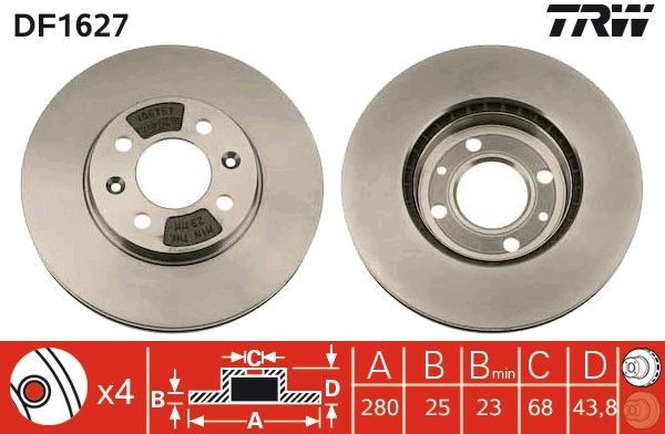 TRW DF1627: Piduriketas Ø: 280mm, õhutusega, Ø: 280mm, värvitud, koos kruvidega