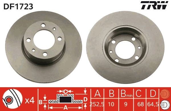 TRW DF1723: Bremseskive Ø: 253mm, fuldstændigt, Ø: 253mm, lakeret