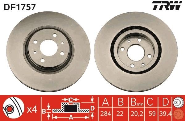 TRW DF1757: Piduriketas Ø: 284mm, õhutusega, Ø: 284mm, värvitud