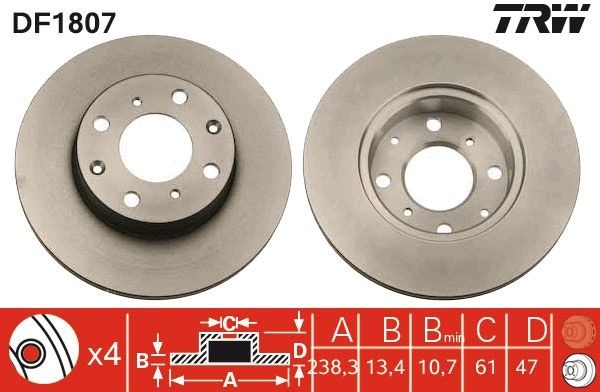 TRW DF1807: Disco de freno Ø: 238mm, macizo, Ø: 238mm, con tornillos