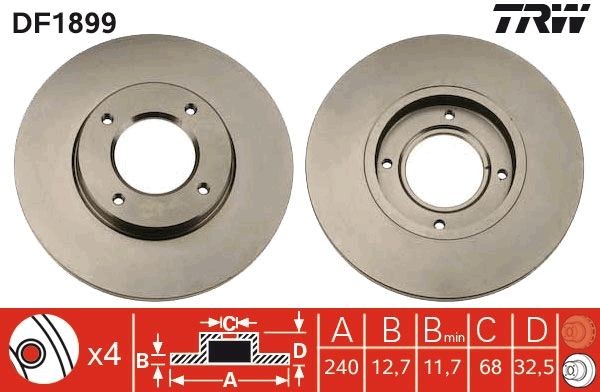 TRW DF1899: Δισκόπλακα Ø: 240mm, πλήρες, Ø: 240mm