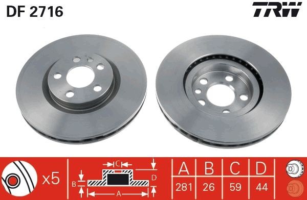 TRW DF2716: Piduriketas Ø: 281mm, õhutusega, Ø: 281mm, värvitud