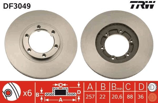 TRW DF3049: Bremseskive Ø: 257mm, ventileret, Ø: 257mm, lakeret