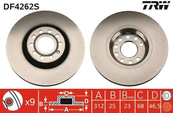 TRW DF4262S: Piduriketas TRW SINGLE Ø: 312mm, õhutusega, Ø: 312mm, värvitud