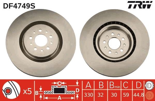 TRW DF4749S: Bromsskiva TRW SINGLE Ø: 330mm, ventilerad, Ø: 330mm, lackerad