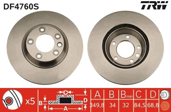 TRW DF4760S: Bromsskiva TRW SINGLE Ø: 350mm, ventilerad, Ø: 350mm, lackerad