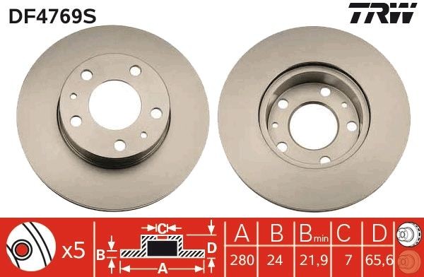 TRW DF4769S: Bremseskive TRW SINGLE Ø: 280mm, ventileret, Ø: 280mm