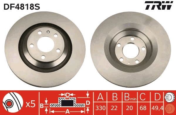 TRW DF4818S: Brzdový kotouč TRW SINGLE R: 330mm, větráno, R: 330mm, lakováno