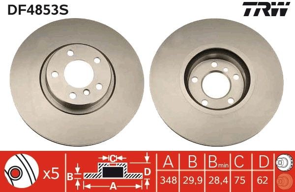TRW DF4853S: Piduriketas TRW SINGLE Ø: 348mm, õhutusega, Ø: 348mm, värvitud