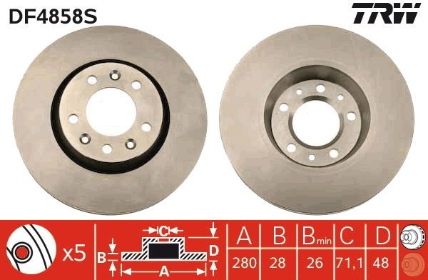 TRW DF4858S: Piduriketas TRW SINGLE Ø: 280mm, õhutusega, Ø: 280mm