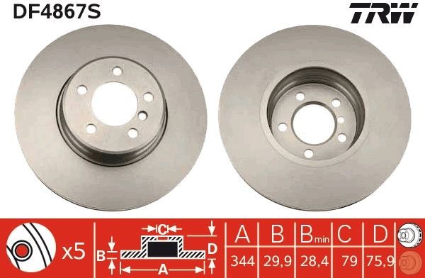 TRW DF4867S: Bremseskive TRW SINGLE Ø: 344mm, ventileret, Ø: 344mm, lakeret