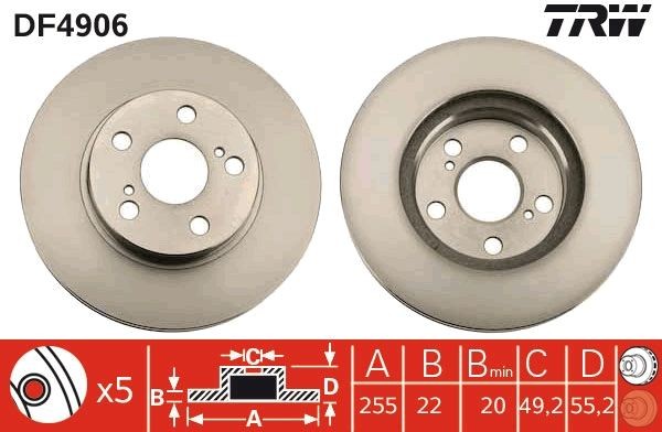 TRW DF4906: Piduriketas Ø: 255mm, õhutusega, Ø: 255mm, värvitud