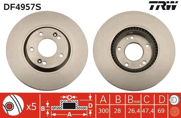 TRW DF4957S: Piduriketas TRW SINGLE Ø: 300mm, õhutusega, Ø: 300mm, värvitud