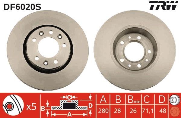 TRW DF6020S: Piduriketas TRW SINGLE Ø: 280mm, õhutusega, Ø: 280mm