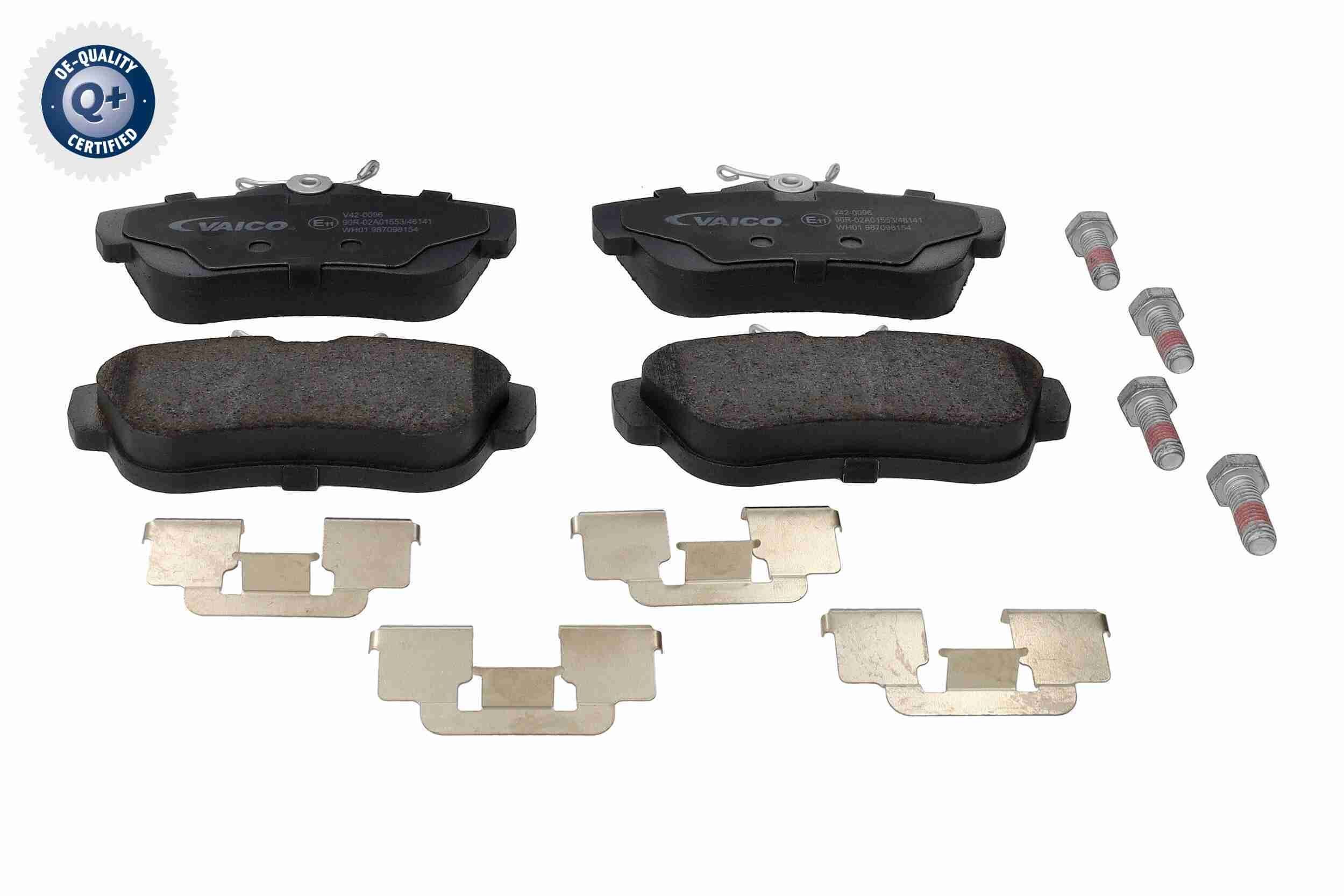 VAICO V42-0096: Fékbetét készlet, tárcsafék hátsótengely, Tartozékokkal, féknyereg csavarokkal, Q+, original equipment manufacturer quality