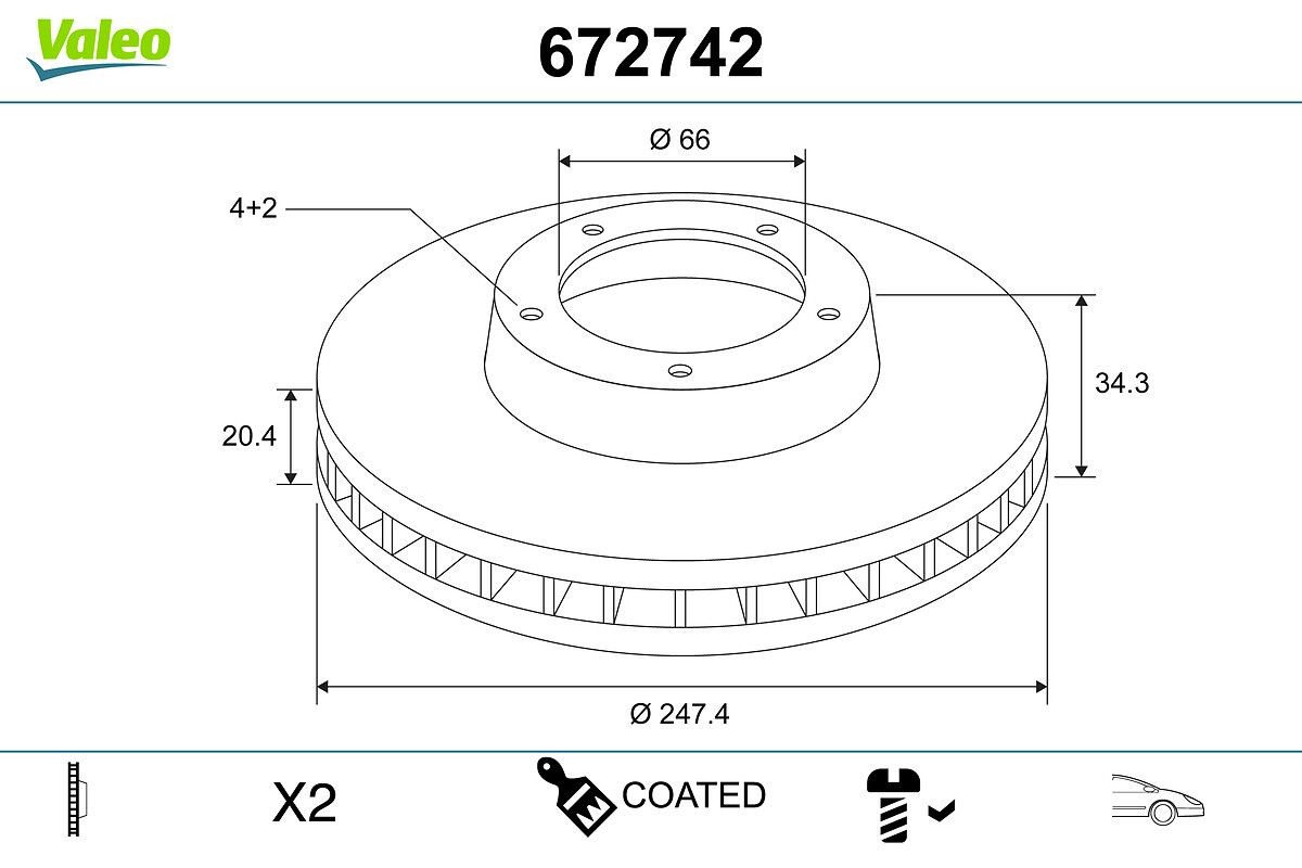 VALEO 672742: Bremseskive COATED foraksel, Ø: 247mm, ventileret, Ø: 247mm, coatet, uden integreret hjulleje