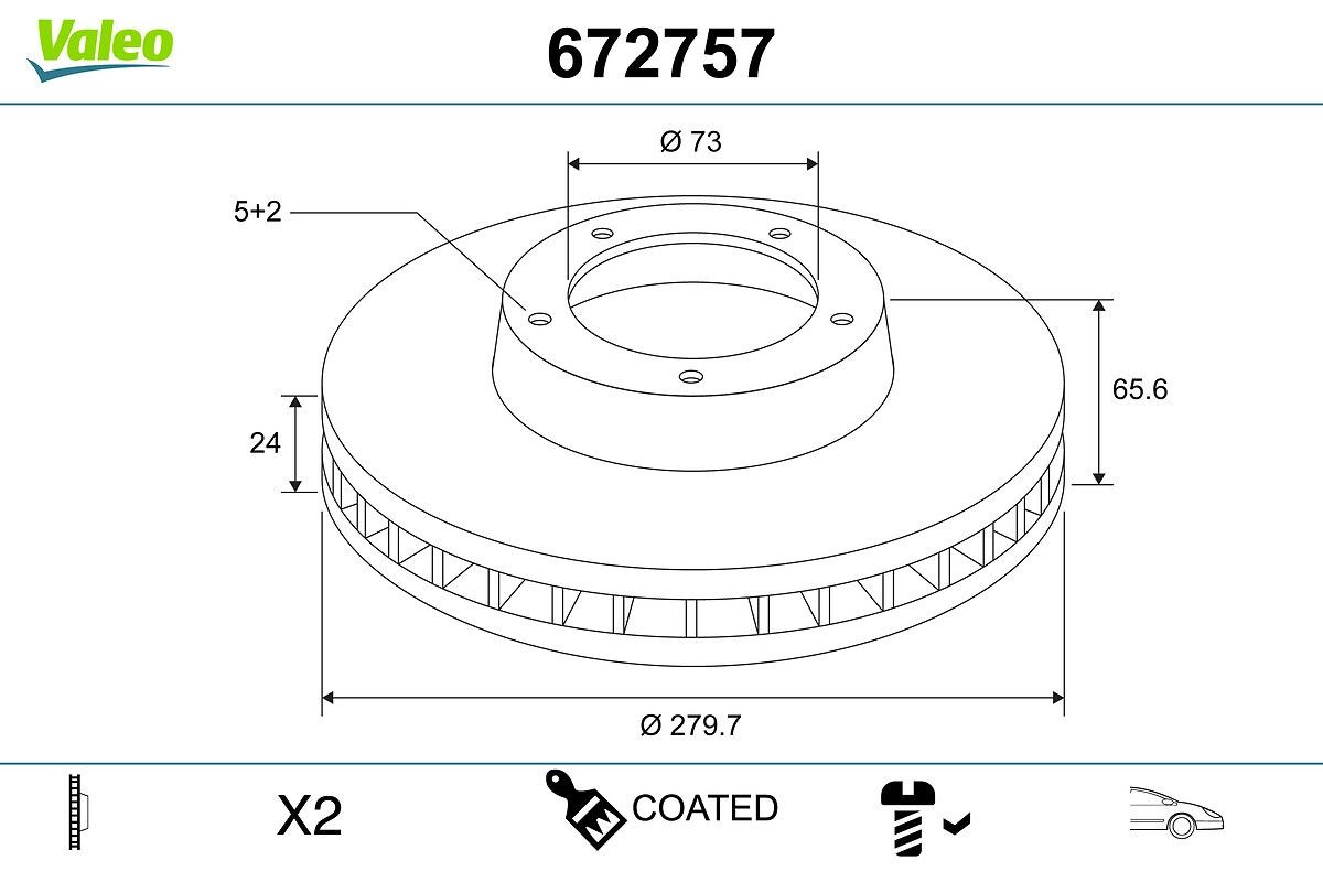 VALEO 672757: Bremseskive COATED foraksel, Ø: 280mm, ventileret, Ø: 280mm, coatet, uden integreret hjulleje