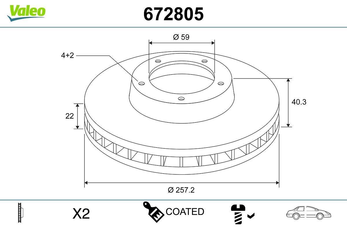 VALEO 672805: Piduriketas COATED Esisild, Ø: 257mm, õhutusega, Ø: 257mm, kaetud, ilma integreeritud rattalaagrita