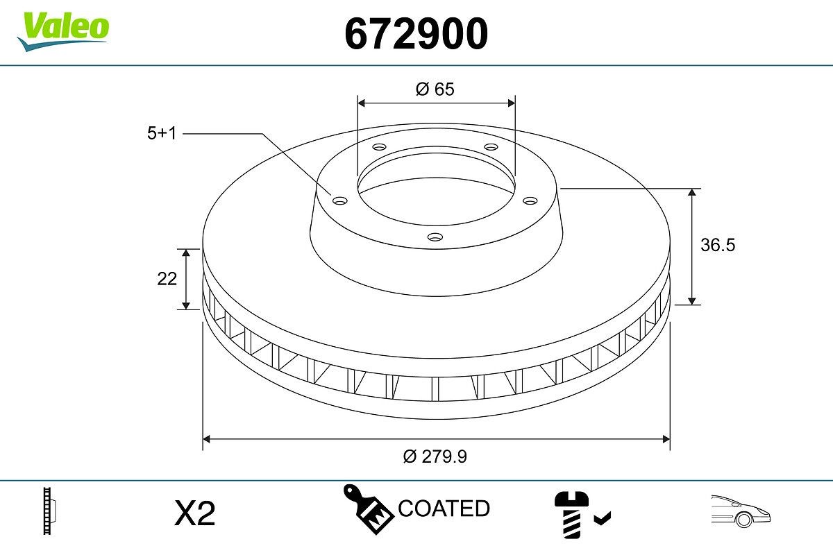 VALEO 672900: Disc de frână COATED punte fata, Ř: 280mm, ventilat, Ř: 280mm, acoperit (cu un strat protector), cu surub, fara rulment roata integrata