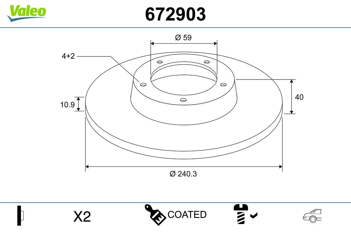 VALEO 672903: Bremžu diski COATED Aizmugurējais tilts, Ø: 240mm, pilnīgi, Ø: 240mm, pārklāts, bez integrēta riteņa rumbas gultņa