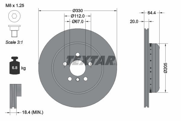TEXTAR 92305025: Stabdžių diskas PRO+ Ø: 330mm, vidinis ventiliavimas, dviejų dalių stabdžių diskas, Ø: 330mm, padengta, be rato stebulės, be rato guolio, be rato tvirtinimo smeigių, su varžtais