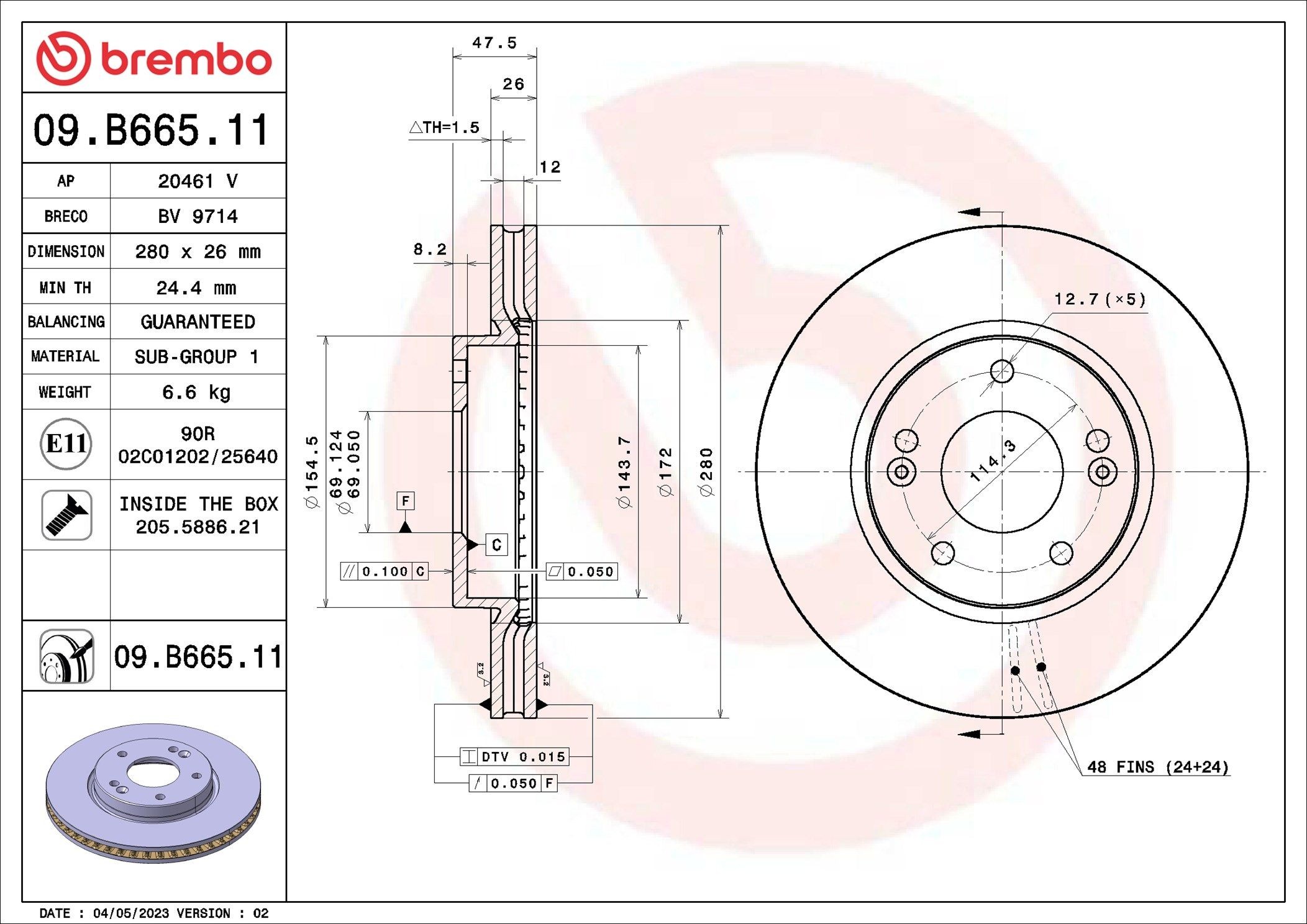 BREMBO 09.B665.11: Piduriketas PRIME LINE - UV Coated Ø: 280mm, sisemine õhutus, Ø: 280mm, kaetud, koos kruvidega